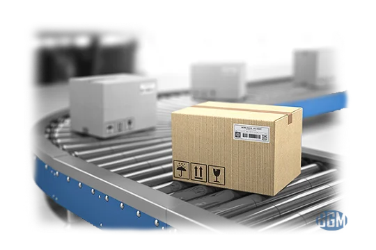 cardboard boxes on conveyor in warehouse with bgm watermark